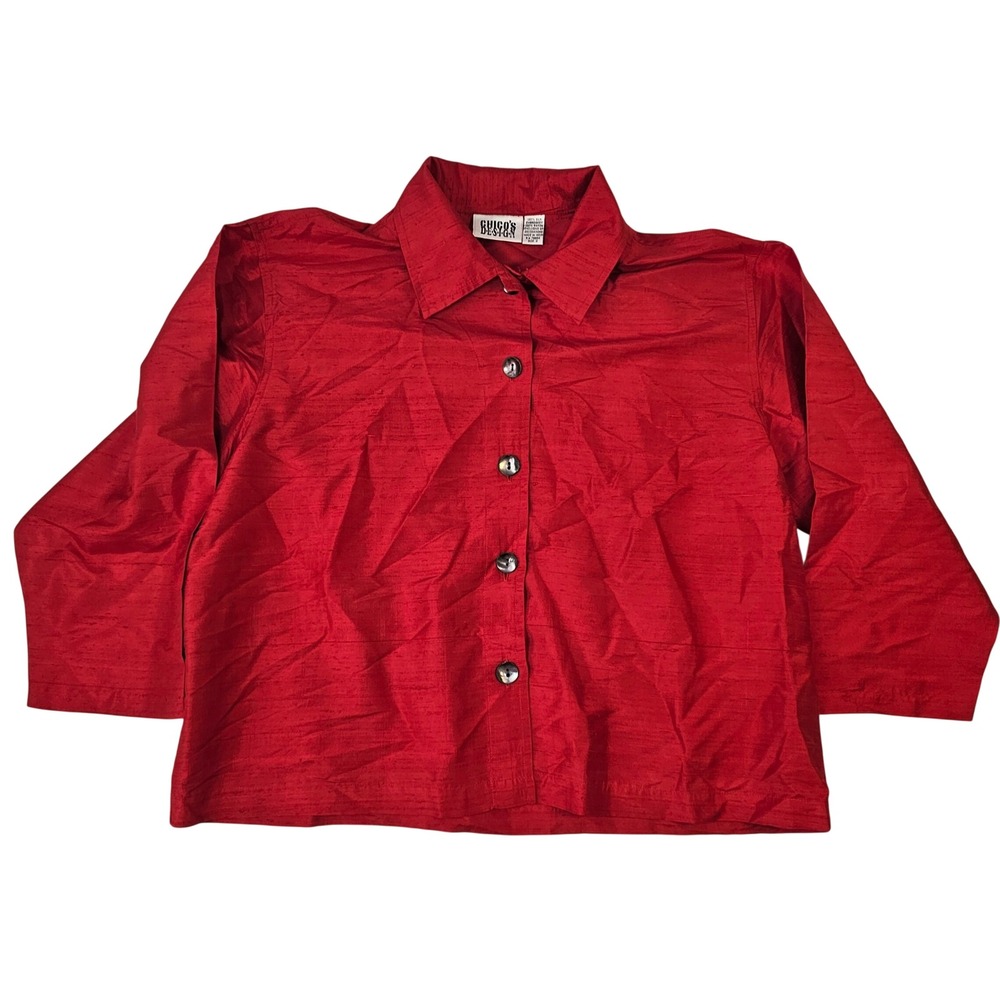 Chicos Design Red Rayon Slub Button Down Shirt Blouse Size 2 Large